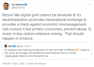 US House Representative Ro Khanna Lauds BTC Which 'Cannot Be Devalued'- Calls for Less Carbon Intensive Mining