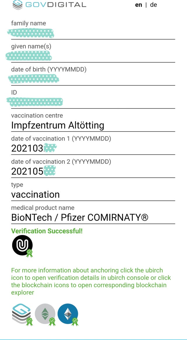 After scanning QR Code on the Covid Vaccination Passport from my hometown. It's verified with Ethereum.