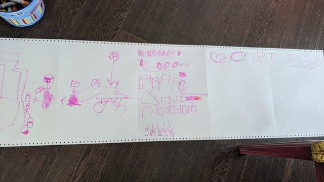 5yo is designing a game called CryptoEggs. Maybe I should stop walking around the house talking about blockchain 😅