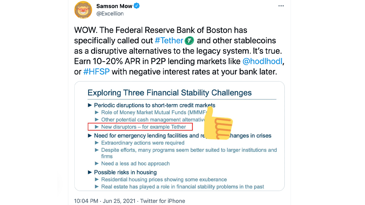 Boston Fed President Says Tether and Stablecoins Could Disrupt Money Markets Boston Fed President Says Tether and Stablecoins Could Disrupt Money Markets