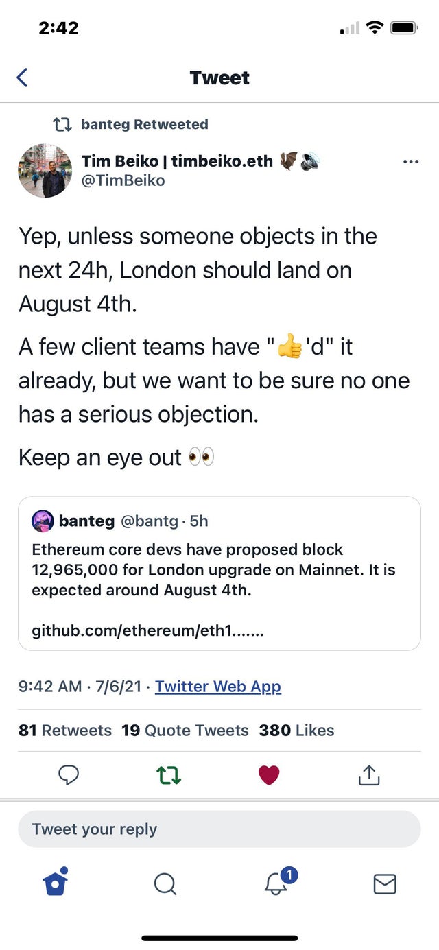 Finally, It’s official! “The scarcity engine” AKA “The Triple Halvening” or the London upgrade will be added to Ether’s main net on august 4th. Real ETH will be set ablaze within a month’s time 🔥