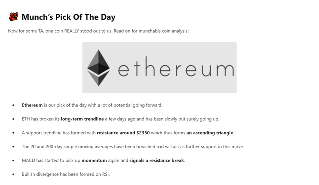 Every morning I receive the coin pick of the day from "Munch Newsletter" Is the analysis correct?