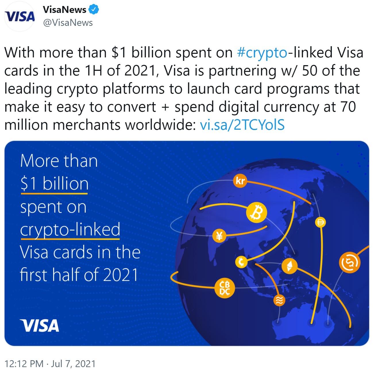 Visa and 50 Crypto Platforms to Enable Cryptocurrency Payments at 70 Million Merchants