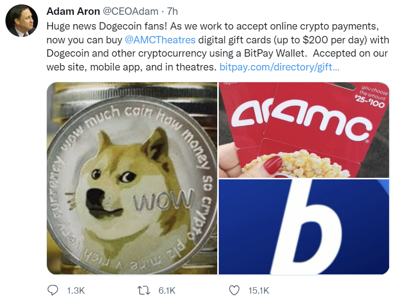 AMC CEO Says 'Huge News' for Dogecoin Fans as the Movie Theater Chain Begins Accepting Crypto Payments for Gift Cards