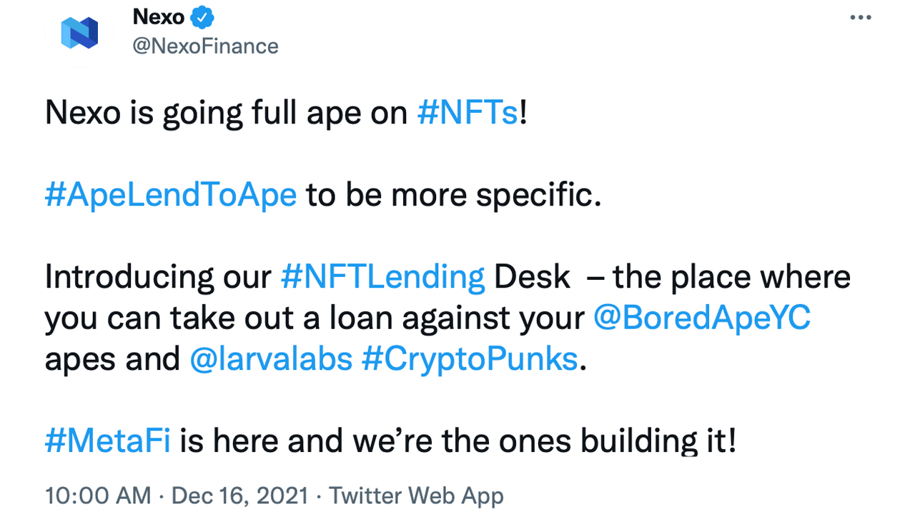 Crypto Lender Nexo Launches NFT Lending Desk, Loans up to 20% for Popular NFTs