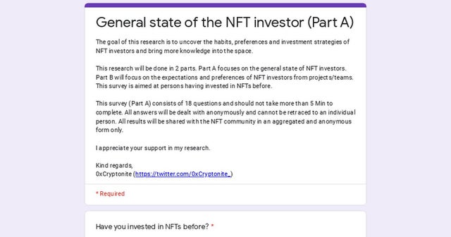 NFT research - help needed!!! I am currently doing a NFT research paper and would appreciate you taking 5 min of your time to complete these easy 18 questions. Survey is anonymous and results will be shared accordingly.