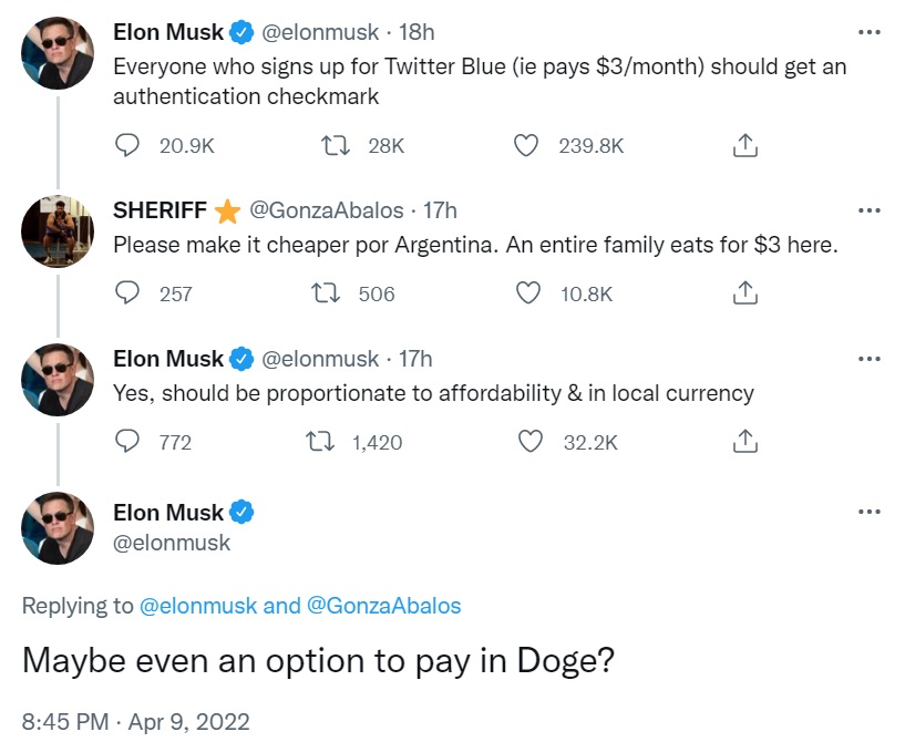 Elon Musk Suggests Making Dogecoin a Payment Option for Twitter Blue Service