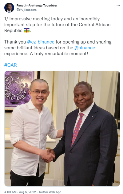 Binance CEO Meets Central African Republic Leader — President Touadéra Says Meeting Was 'a Truly Remarkable Moment' Binance CEO Meets Central African Republic Leader — President Touadéra Says Meeting Was 'a Truly Remarkable Moment'