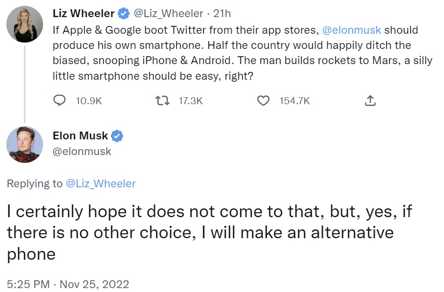 Elon Musk Plans to Launch Alternative Phone if Apple, Google Boot Twitter off Their App Stores Elon Musk Plans to Launch Alternative Phone if Apple, Google Boot Twitter off Their App Stores