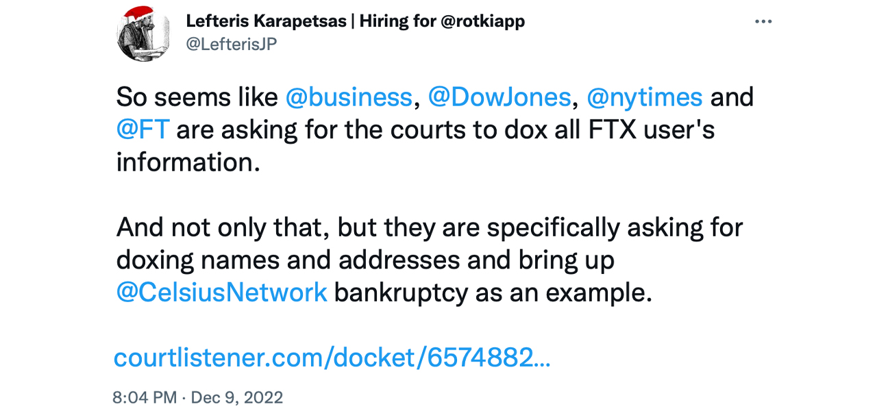 New York Times, FT, Bloomberg Blasted for Attempting to Get FTX Creditors' Names Unsealed New York Times, FT, Bloomberg Blasted for Attempting to Get FTX Creditors' Names Unsealed