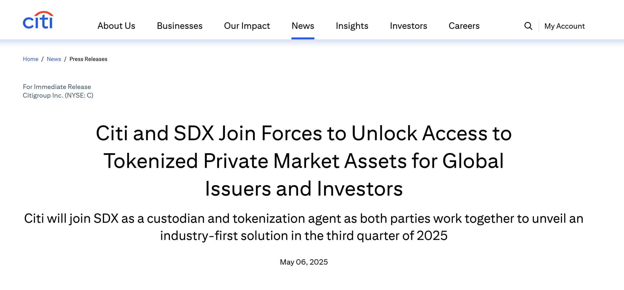 Citi and SDX partner to tokenize traditional private markets
