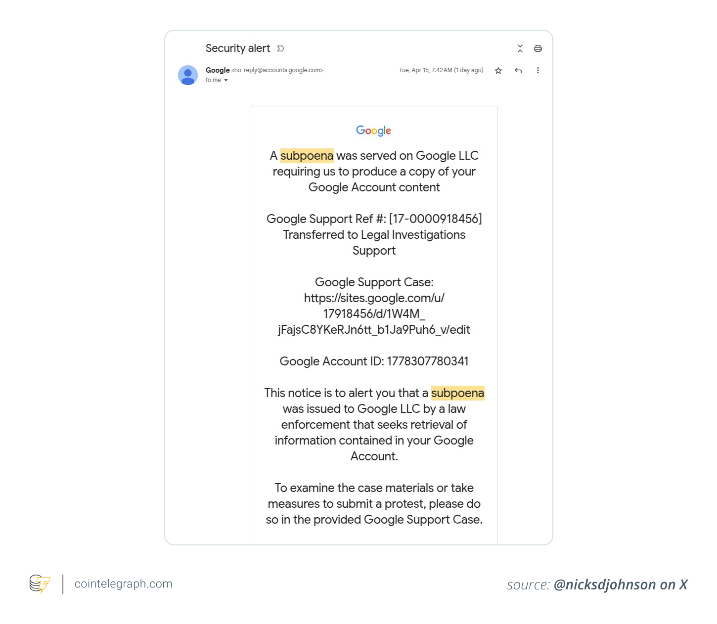 The fake subpoena appears to be from a Google no-reply domain