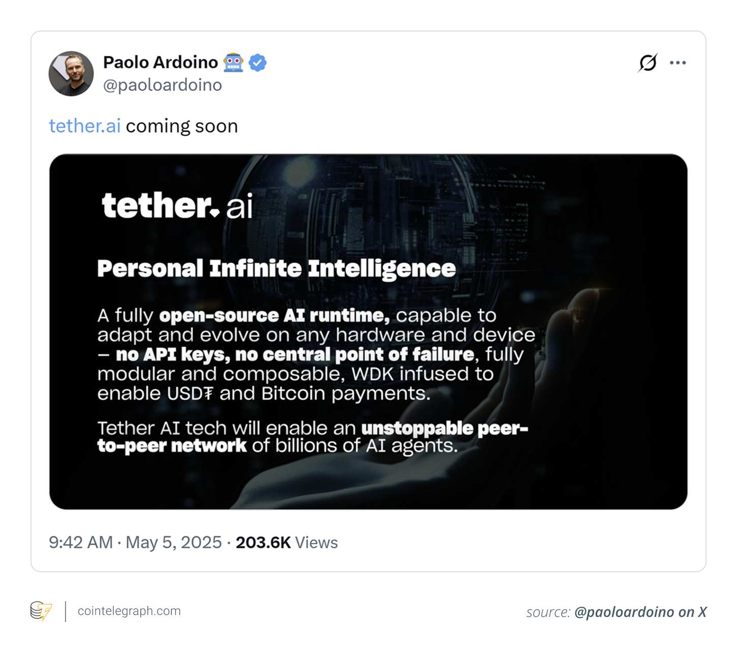 Tether CEO Paolo Ardoino announces launch of Tether AI