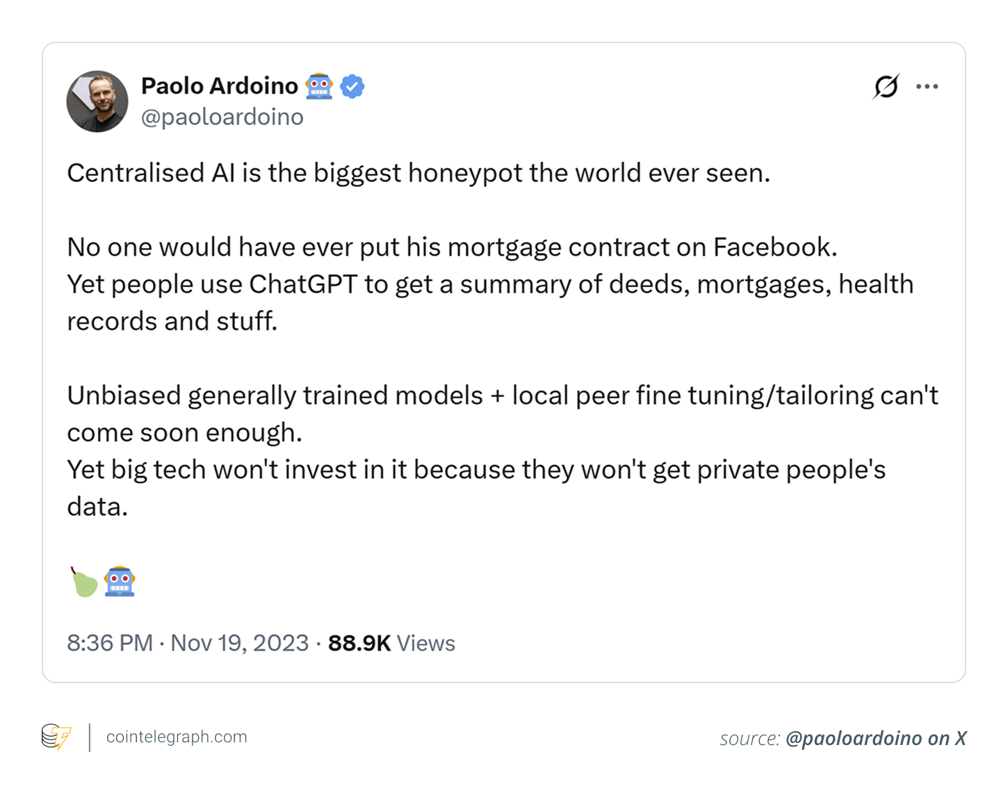 Ardoino criticizing centralized AI