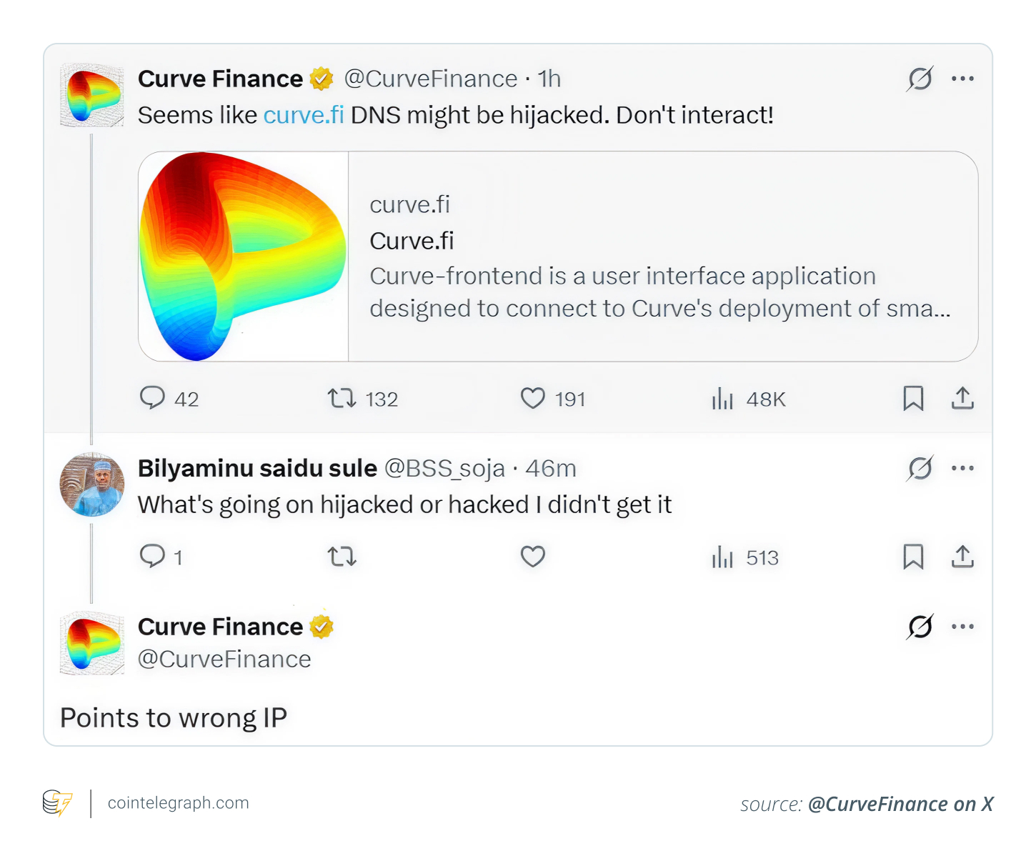 Curve Finance informed users about the hijacking