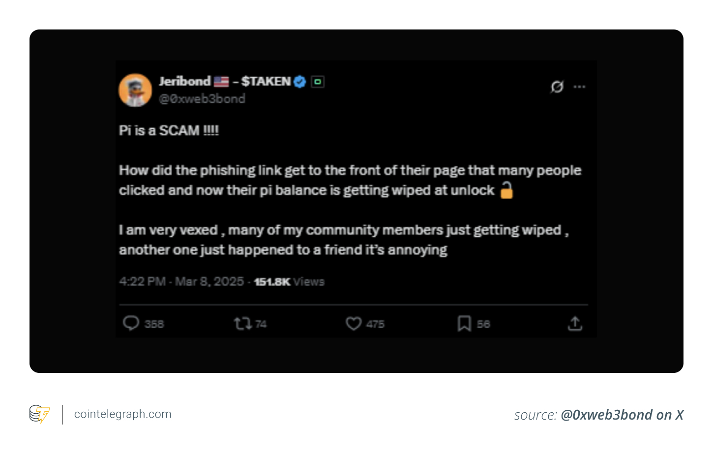 A user calling Pi Network a scam on X