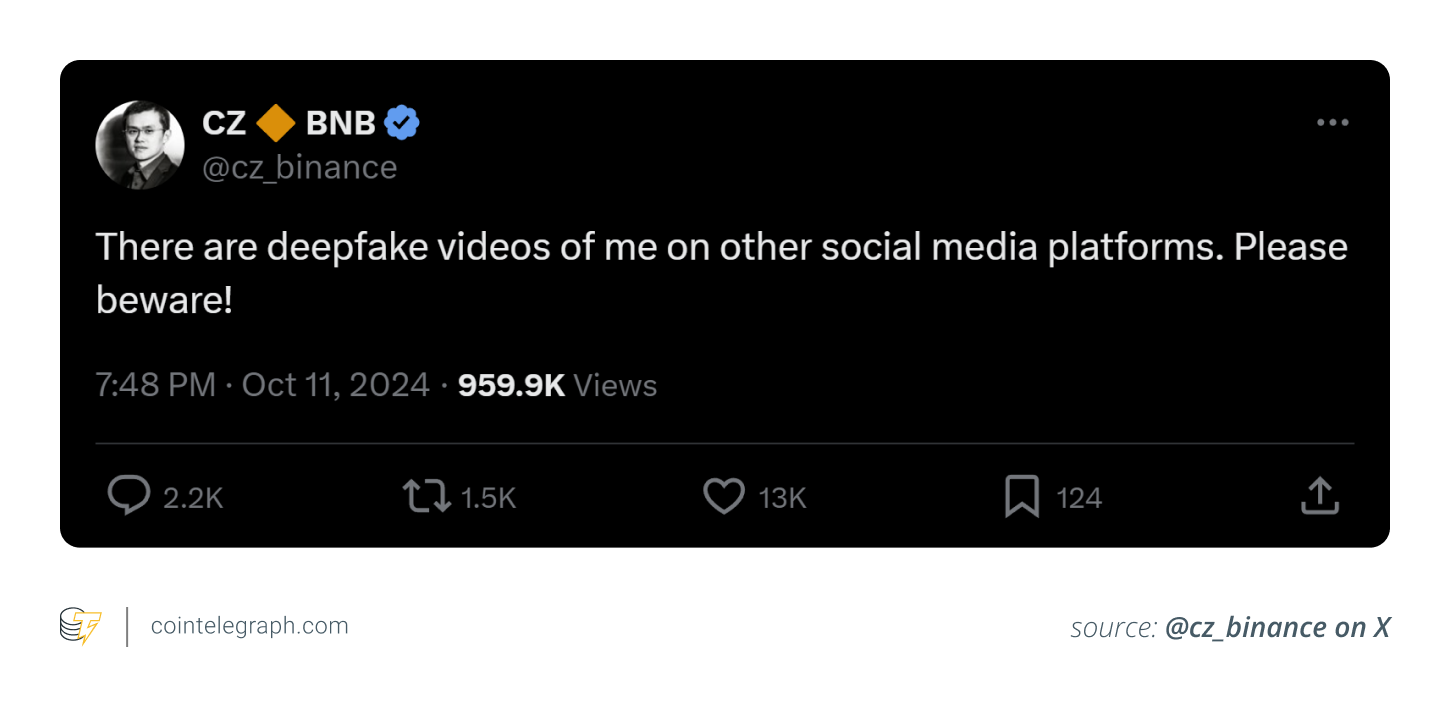 CZ making followers aware of deepfake scams