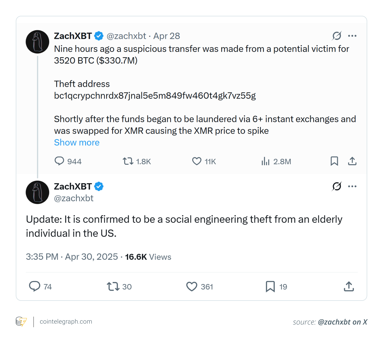 ZachXBT informing about the social engineering theft