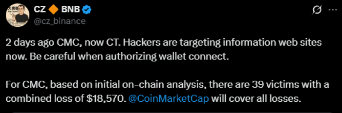 CZ posted a CMC hack warning on X, highlighting on-chain data showing 39 victims and $18K losses.