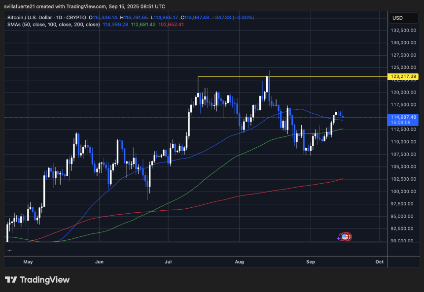 BTC consolidates around $115K | Source: BTCUSDT chart on TradingView