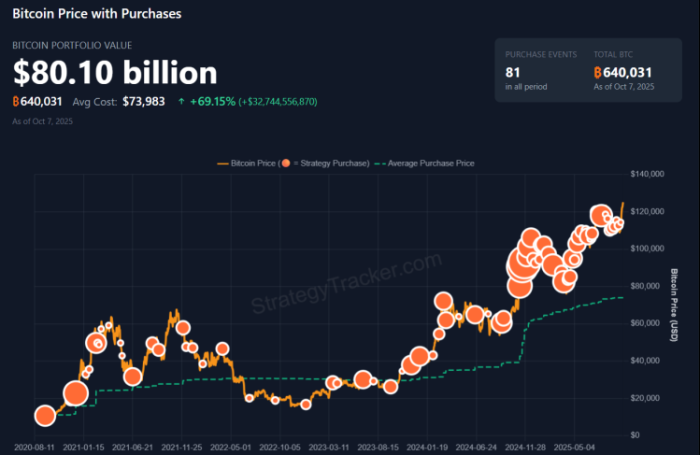 Strategy Bitcoin purchases over time.