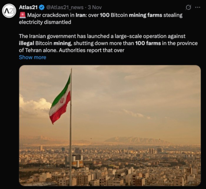 Iranian authorities close over 100 Bitcoin mining farms.