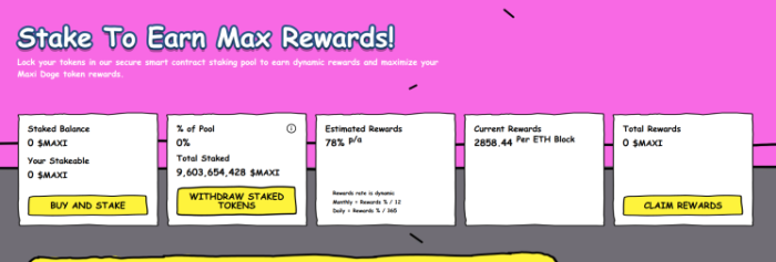 $MAXI staking information outlining key statistics.