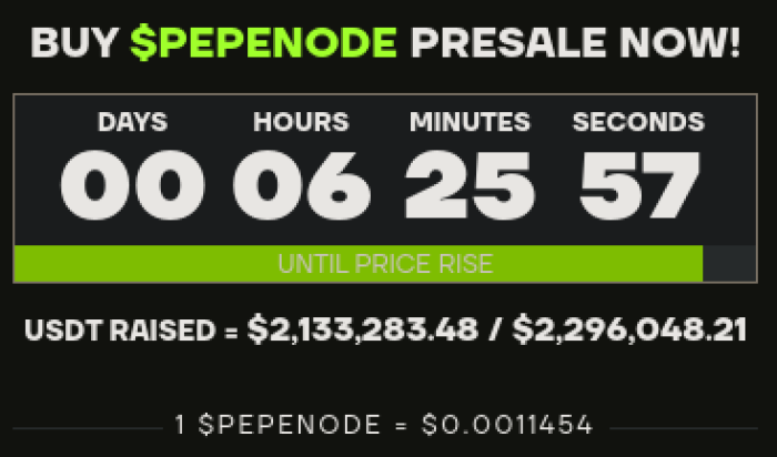 PEPENODE presale widget showing price and raise.
