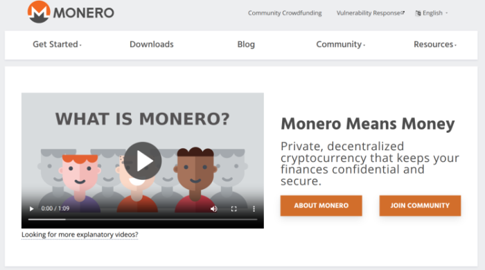 Monero homepage showing utility information.